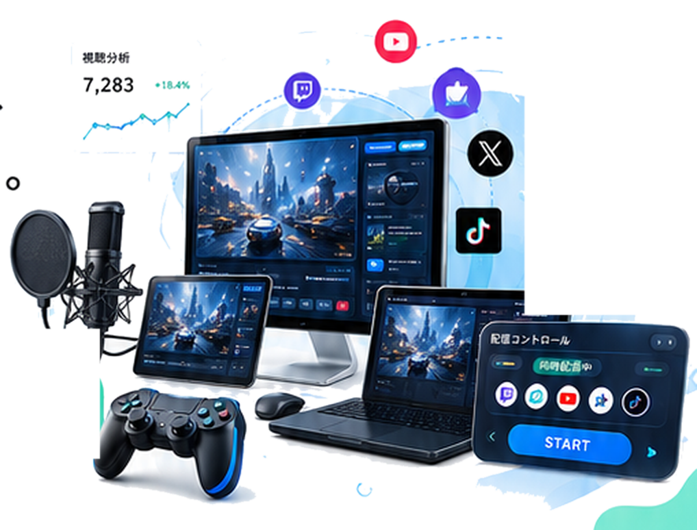 ゲーム配信の機材とマルチプラットフォーム配信のイメージ
